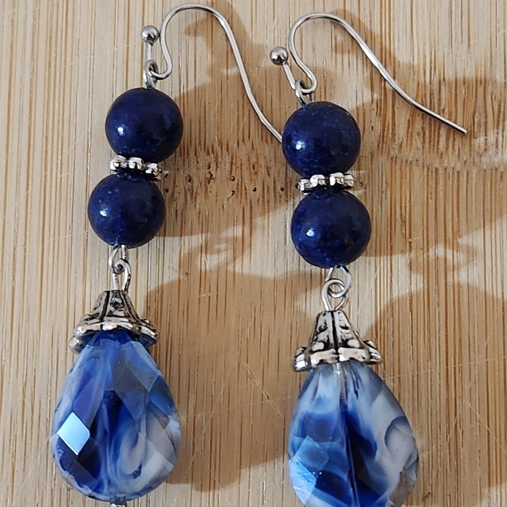 Hand Crafted Elegant Blue and Silver Dangle Beaded Pierced Earrings